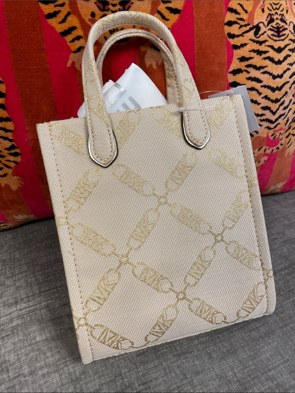 Beige and Gold Patterned Tote Bag – Small Michael Kors Designer Women's Handbag